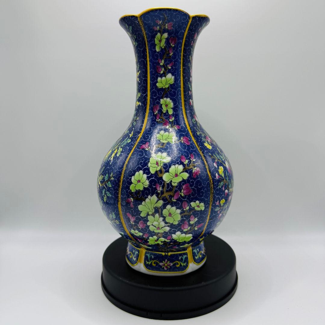 L106 青彩四角エナメル彩彩磁器花瓶 アンティーク