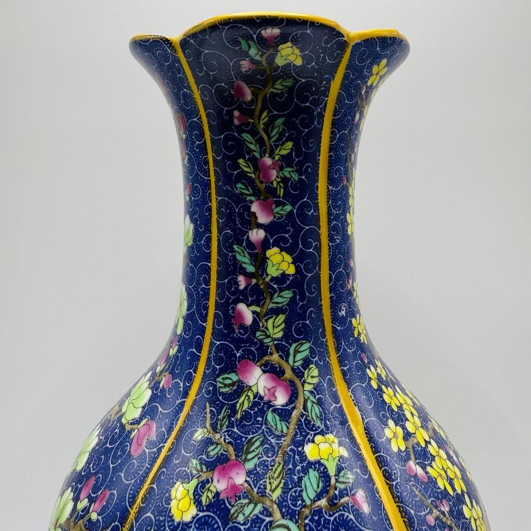 L106 青彩四角エナメル彩彩磁器花瓶 アンティーク