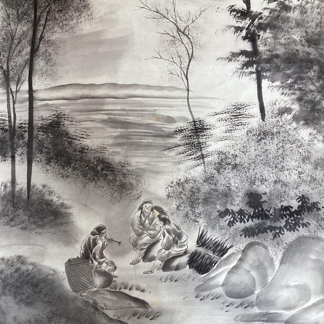 橋本雅邦　紙本水墨画《風景人物画》肉筆　落款印譜あり　双幅捲り　模写　NO107