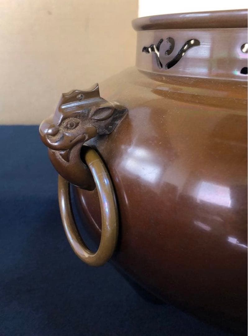 《R》鋳銅 鬼面風炉 釜添 釜師畠春斎/風炉師寛 共箱　260120き5