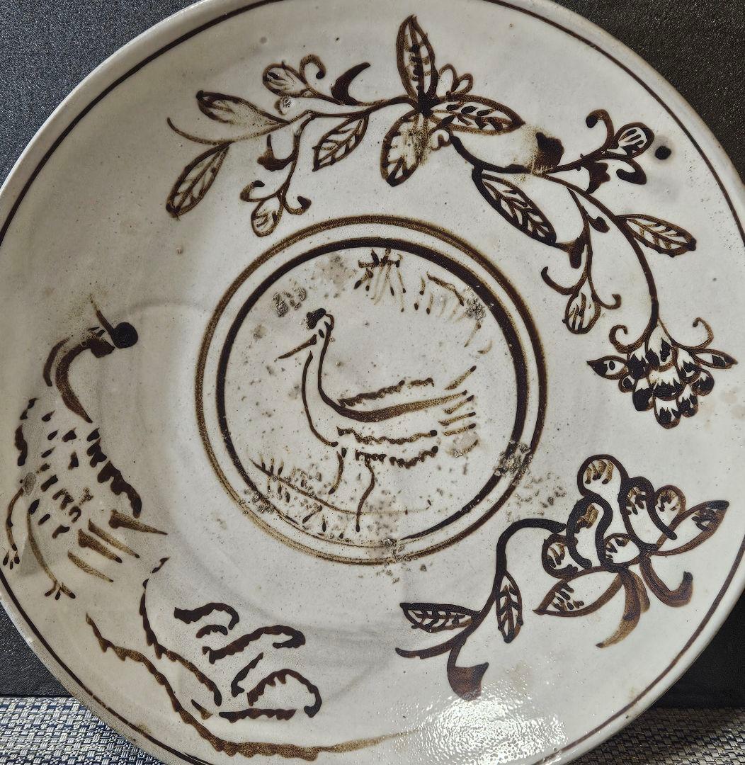 中国古陶磁　韓国古陶磁　明代　磁州窯系　李朝系　鉄絵　鳥と木実図　23.3cm皿