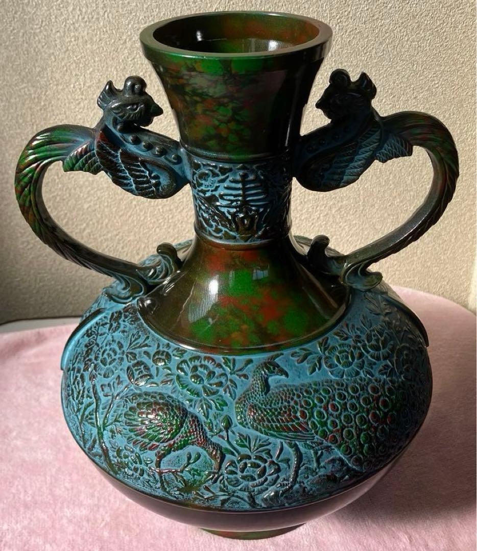 【美品】　花瓶　伝統美術工芸品　花瓶晴峰型 寿孔雀、“ 瑞峰印 ”