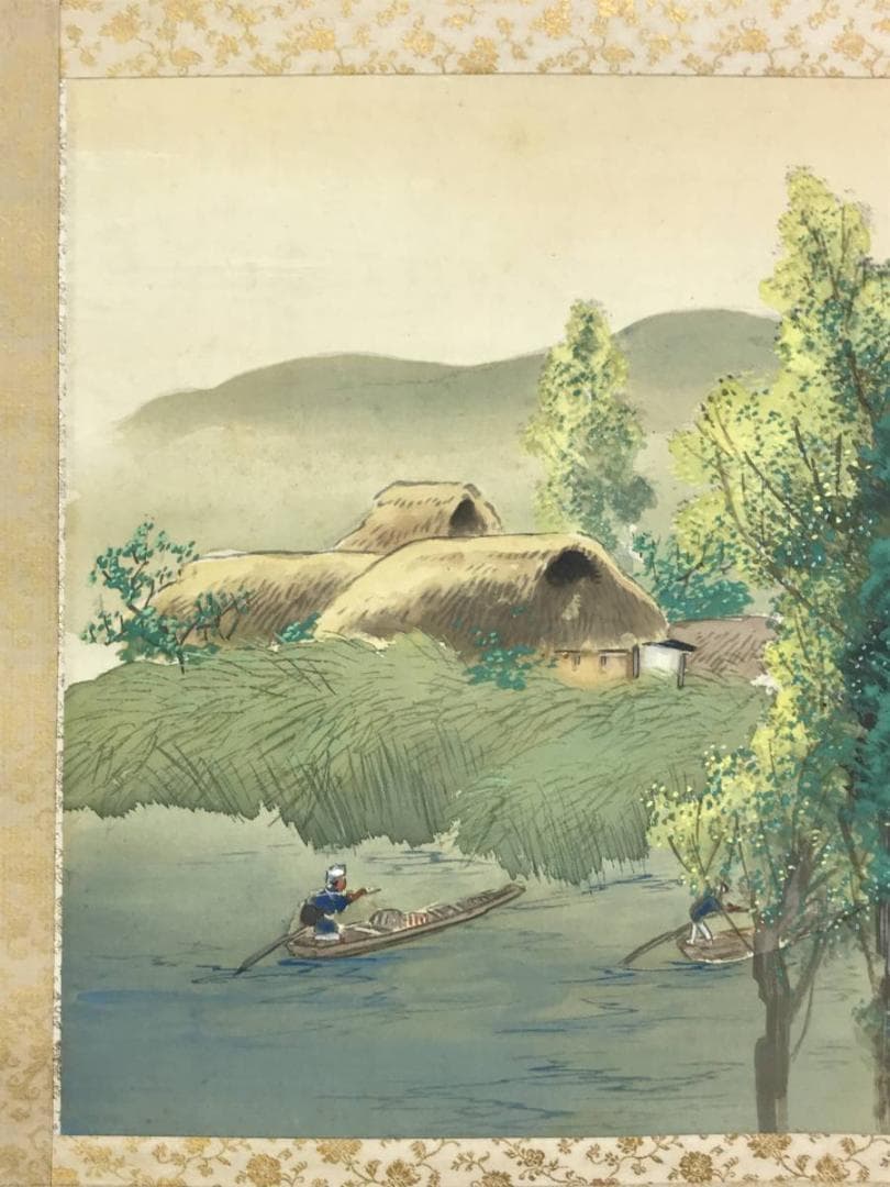 【真作】林文塘/水村新緑図/横物/山水漁舟図/山水図/掛軸☆宝船☆AD-446