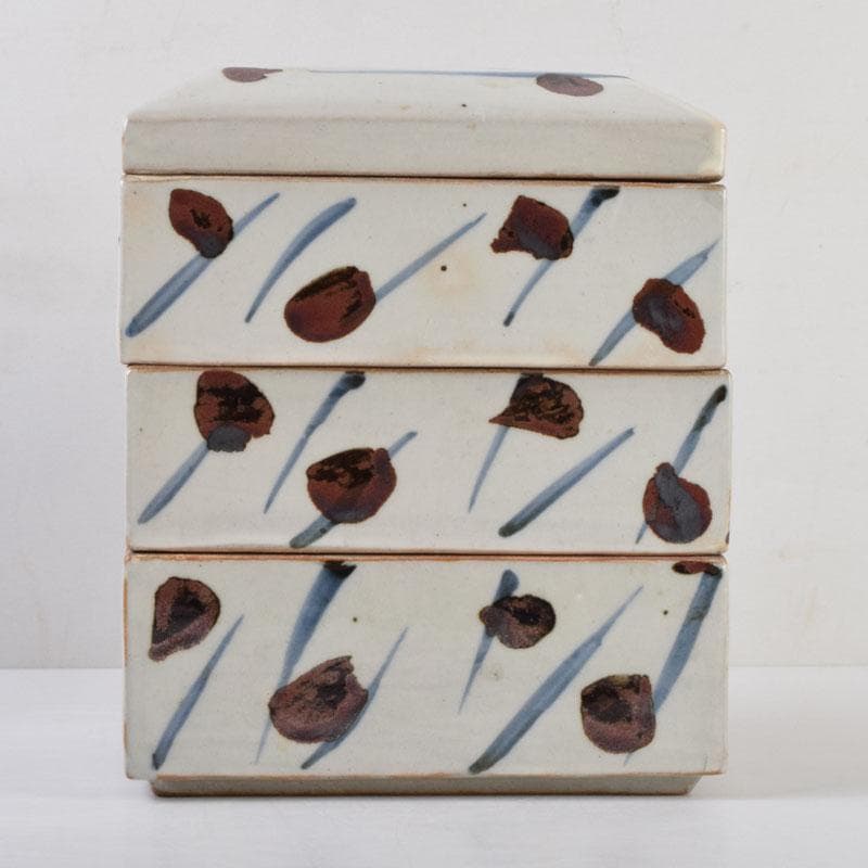 和食器　袖師焼　四代　尾野晋也作　呉須文　重箱　共布共箱　V　8774