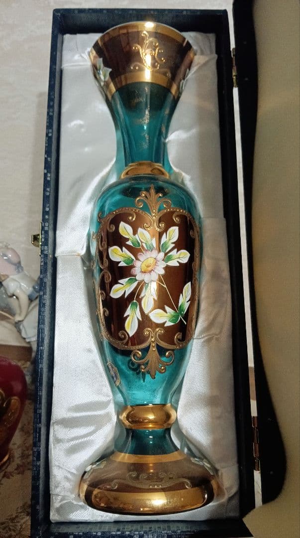 ボヘミアングラス　 花瓶 青・金・茶