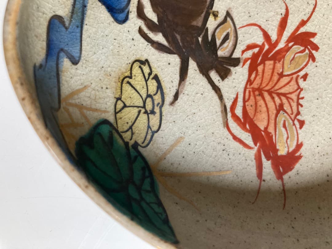 古九谷の蟹図！瓢箪型の中皿三客揃 浜辺の景色図 江戸〜明治期