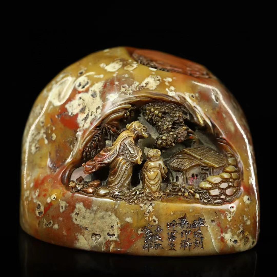 中国古美術・旧蔵人物薄意の印鑑・寿山石原石彫り・印材・書道具・文房置物・風水開運