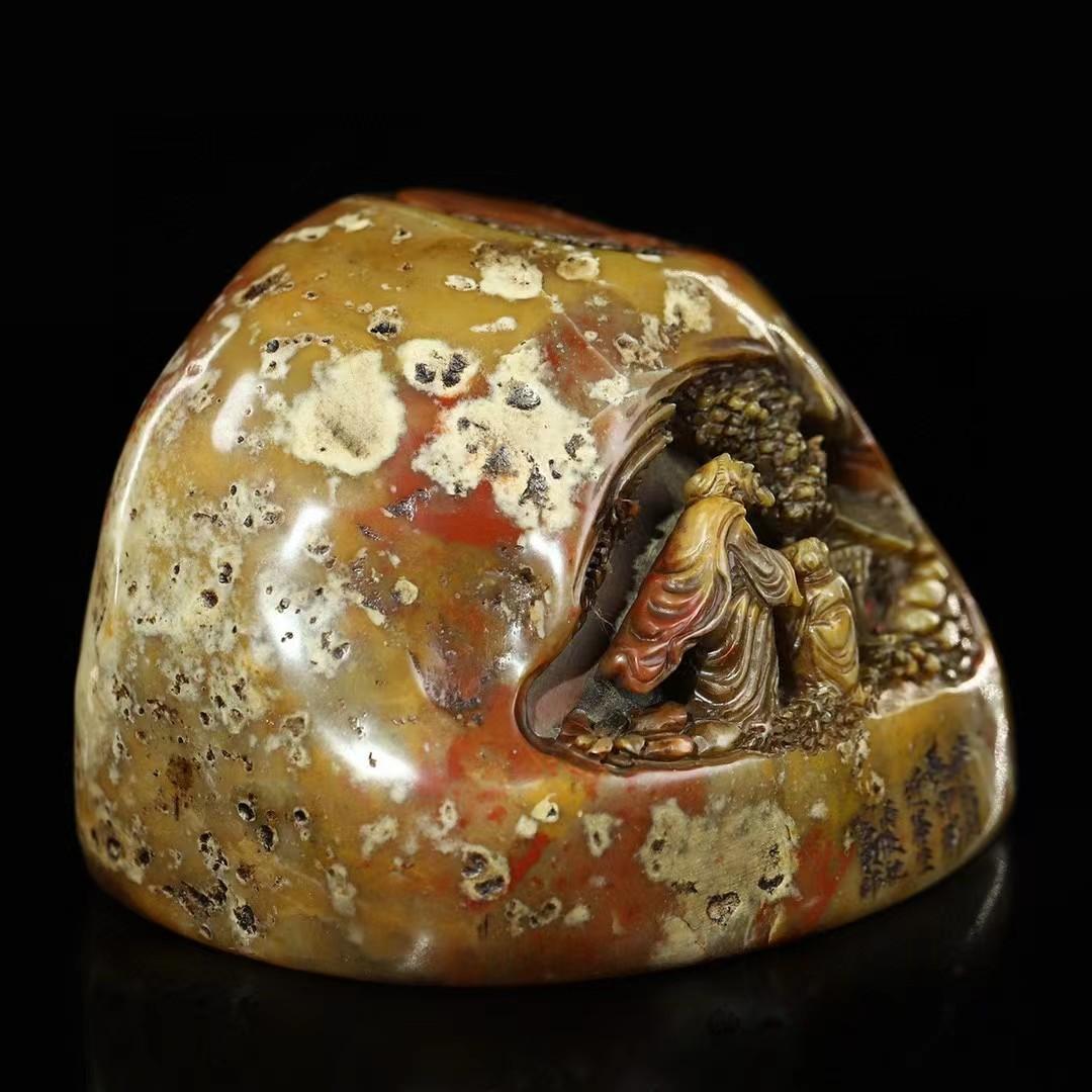 中国古美術・旧蔵人物薄意の印鑑・寿山石原石彫り・印材・書道具・文房置物・風水開運