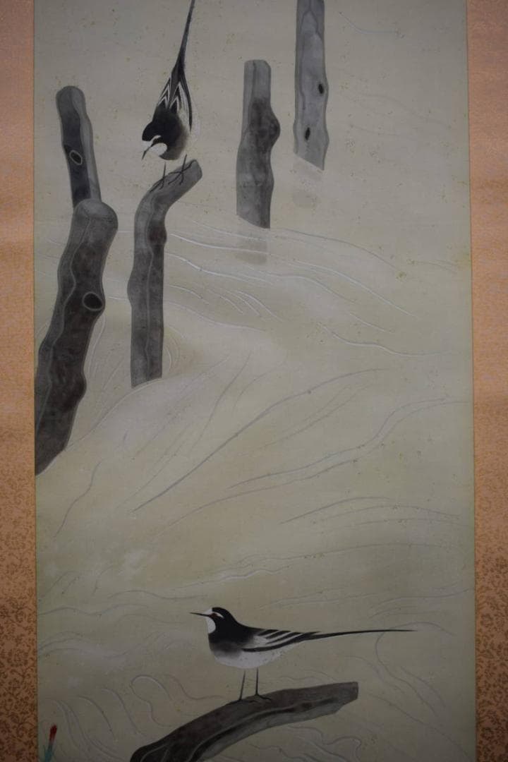 真作/鈴木欣二/涼流小禽図/桐共二重箱付/布袋屋掛軸HI-99