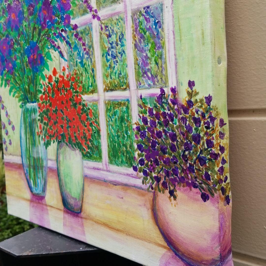 キャンバス油絵　よっこ確認　窓辺に並べたお花　大きめキャンバス