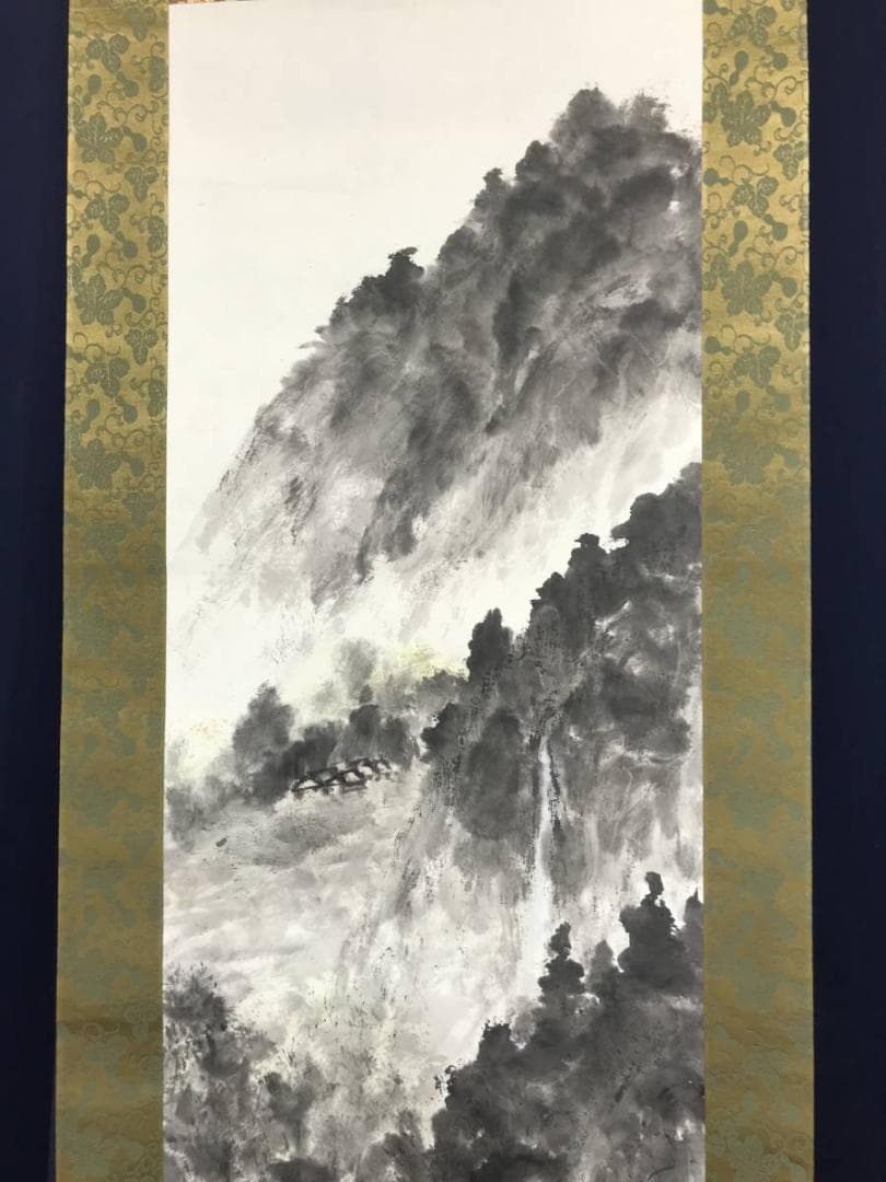 【真作】高津玉峰/山挟/山水人物図/千屋にて/掛軸/名家伝来/AC-473