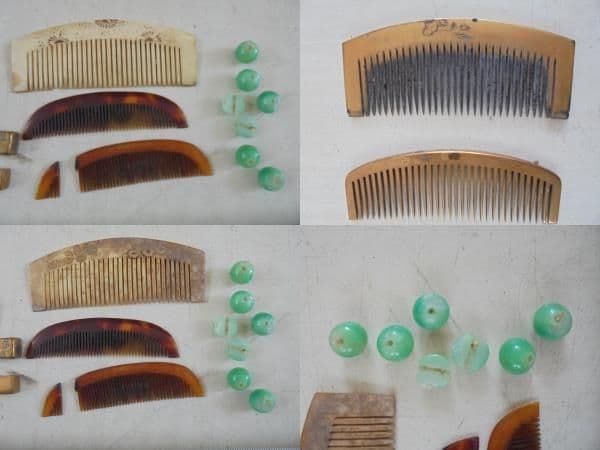 AKa6407　古い　櫛　笄　簪　緑のガラス玉？　セット　笄　玉真　銘入り有