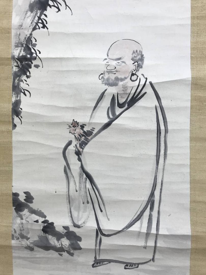 真作/田能村直入/達磨に鶏画賛/ダルマ図/人物図/掛軸/名家伝来/AE-197