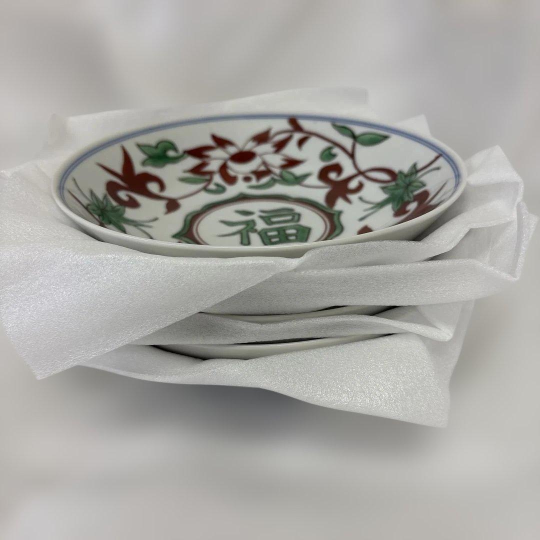 九谷焼　6.4号皿揃　赤絵福の字　角福　5枚セット