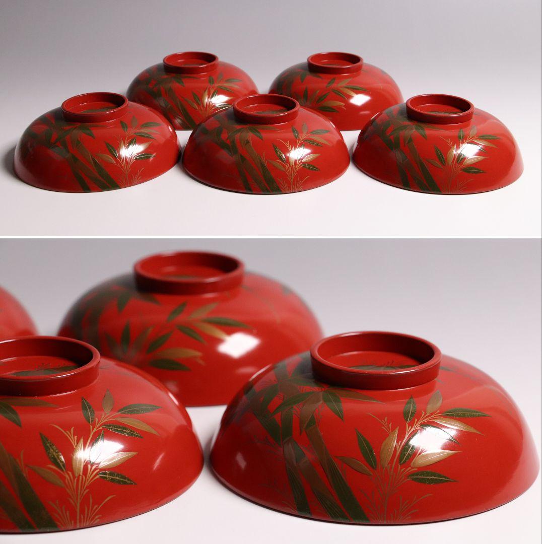 CG34 輪島塗 時代木製漆器 竹笹蒔絵 朱塗御吸物椀 五客 / 伝統漆芸茶懐石