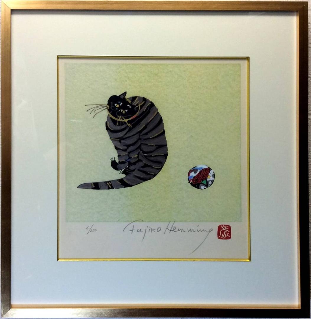 美品 フジ子・ヘミング 「猫十態 クリコ」直筆サイン・限定6番/200部 木版画