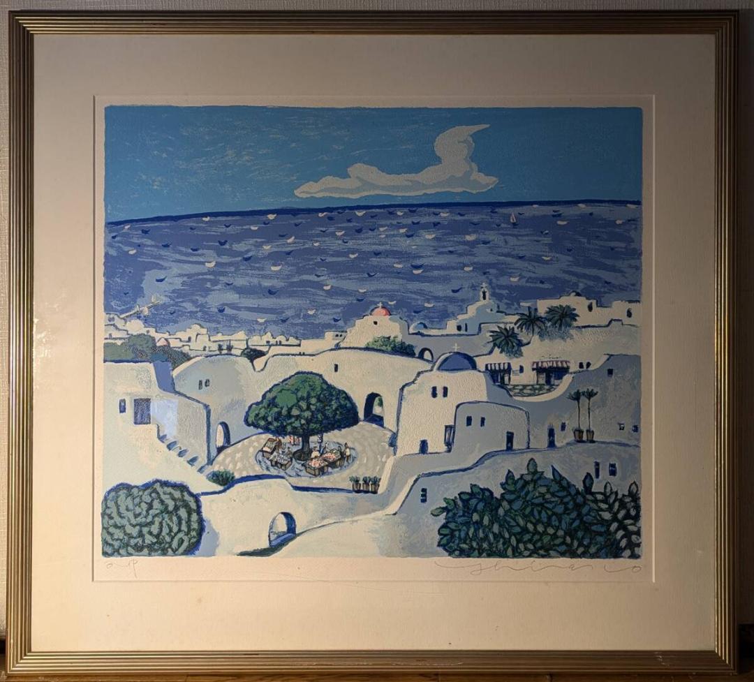 【真作】版画　技法不明　地中海の風景　輝く青と白のコントラスト　V114