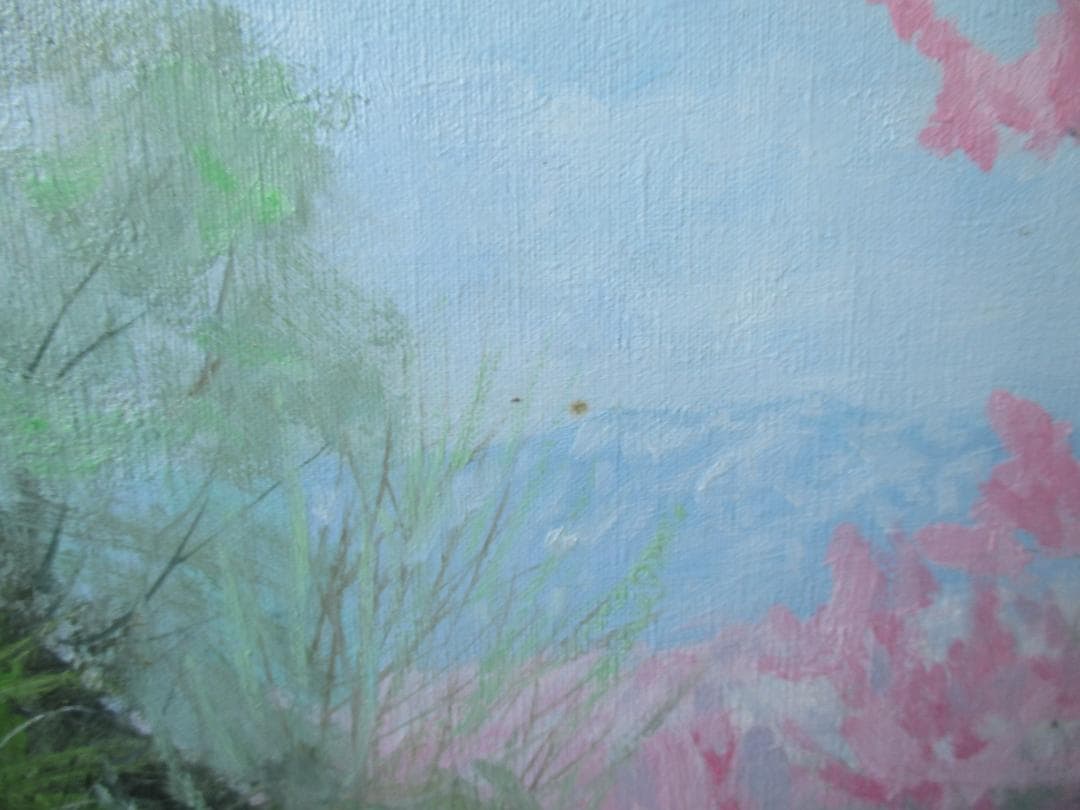 村山孝夫◎桃の花　春　信州◎茅葺屋根油彩原画ふるさとの風景