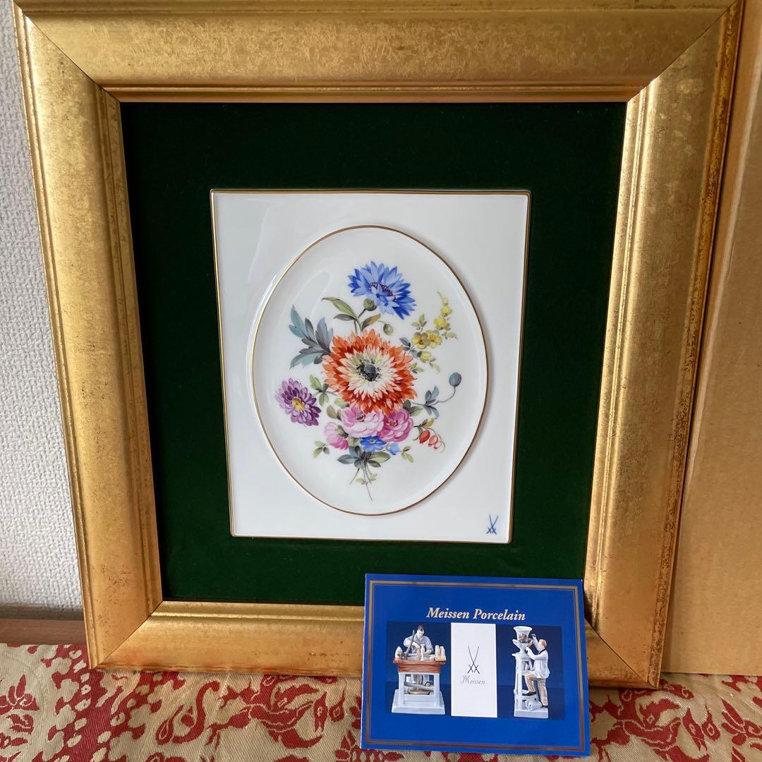 ＊額装五つ花＊額装３４cm×３１cm・画１８cm×１５cm・Meissen・美品
