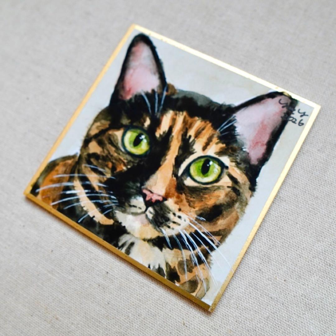 猫の絵 401水彩画 原画 ミニ色紙 豆色紙 サビ猫