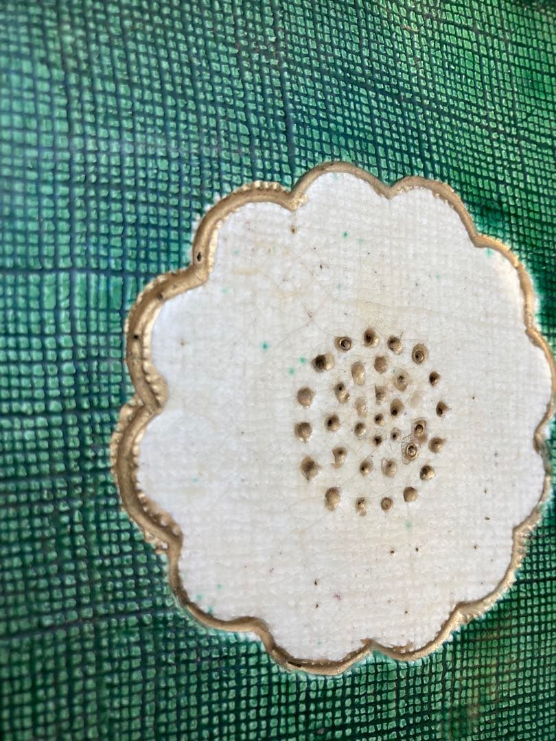 京都のヴィンテージ　お花の大皿　五条・京の陶器　萬寿堂　加賀美　緑色八角形陶器皿