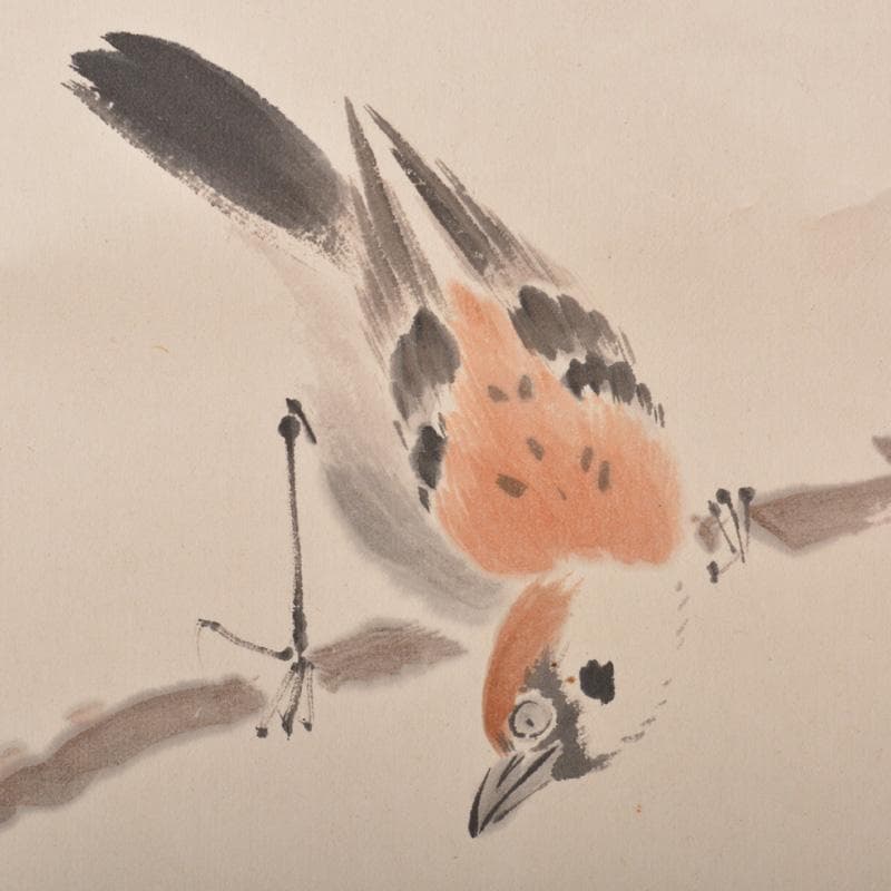 掛軸　水田竹圃作　梅木に鳥図　桐箱付　C　6318A