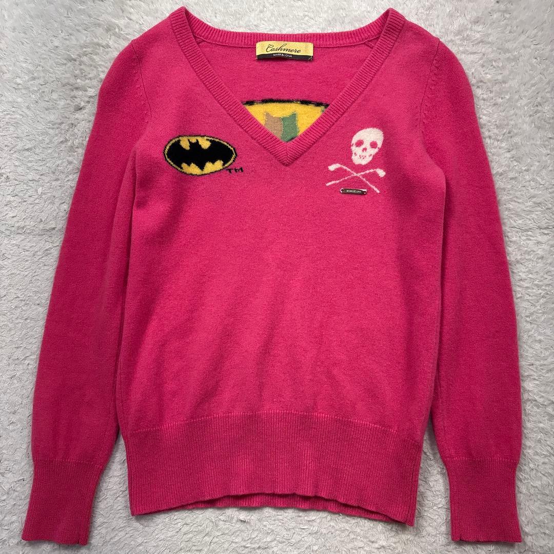 MARK&LONA カシミヤニット　バットマン　スカル　Vネック　ピンク