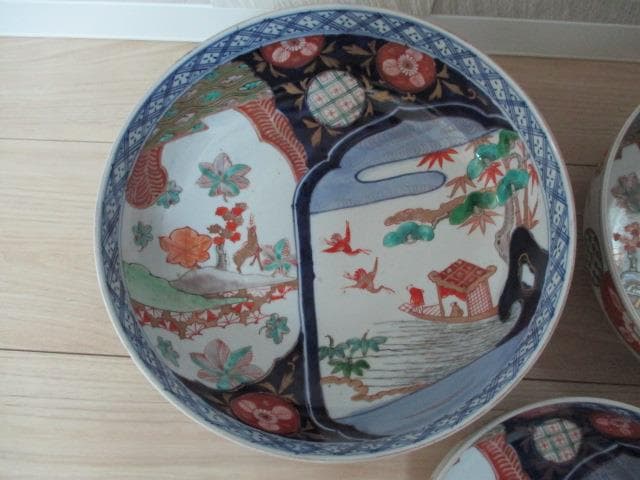 古伊万里　江戸幕末～明治期頃　染錦　鹿鶴文　三つ鉢