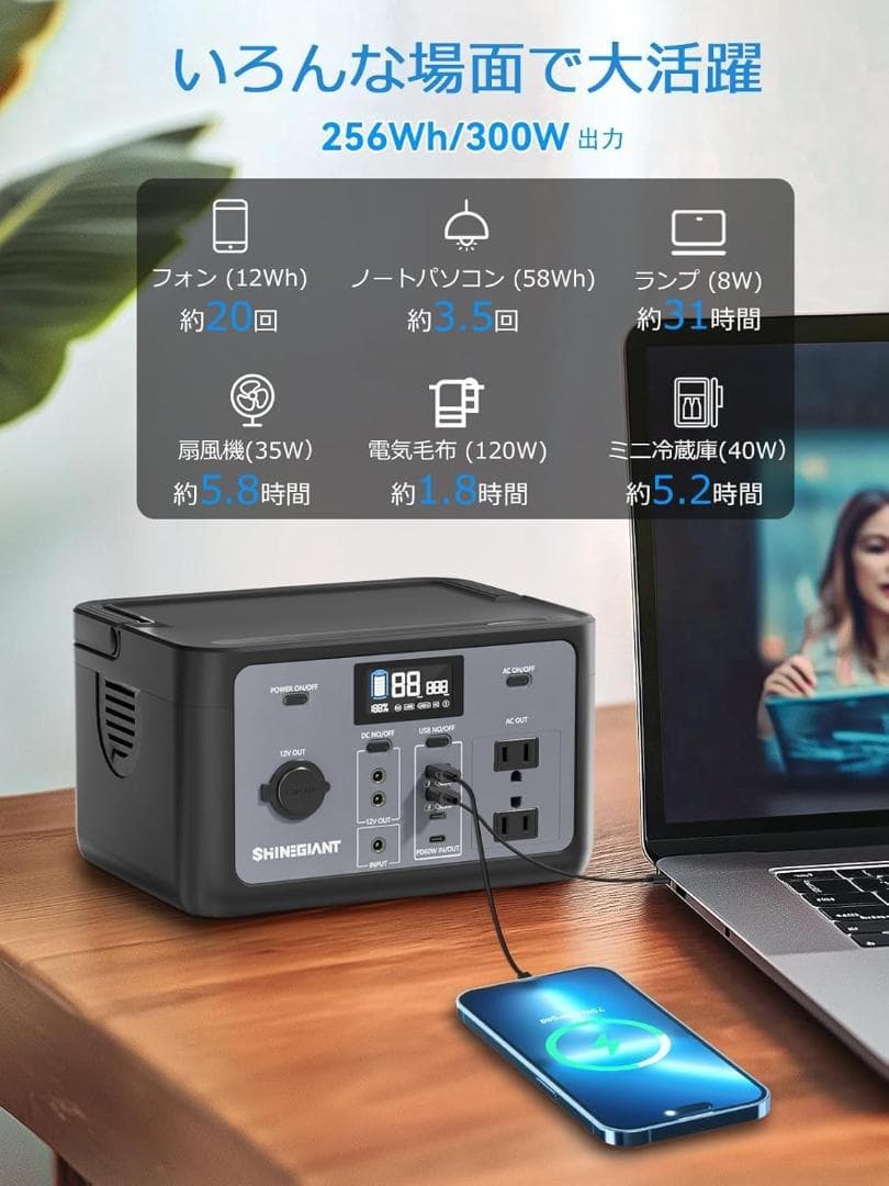 ポータブル電源 小型 256Wh 300Wリン酸鉄家庭用蓄電池 瞬間最大600W