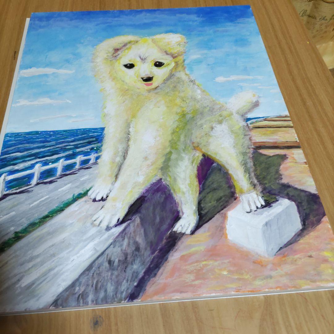 【原画 一点物】子犬と海｜手描きアクリル画 F6｜犬の絵・動物アート
