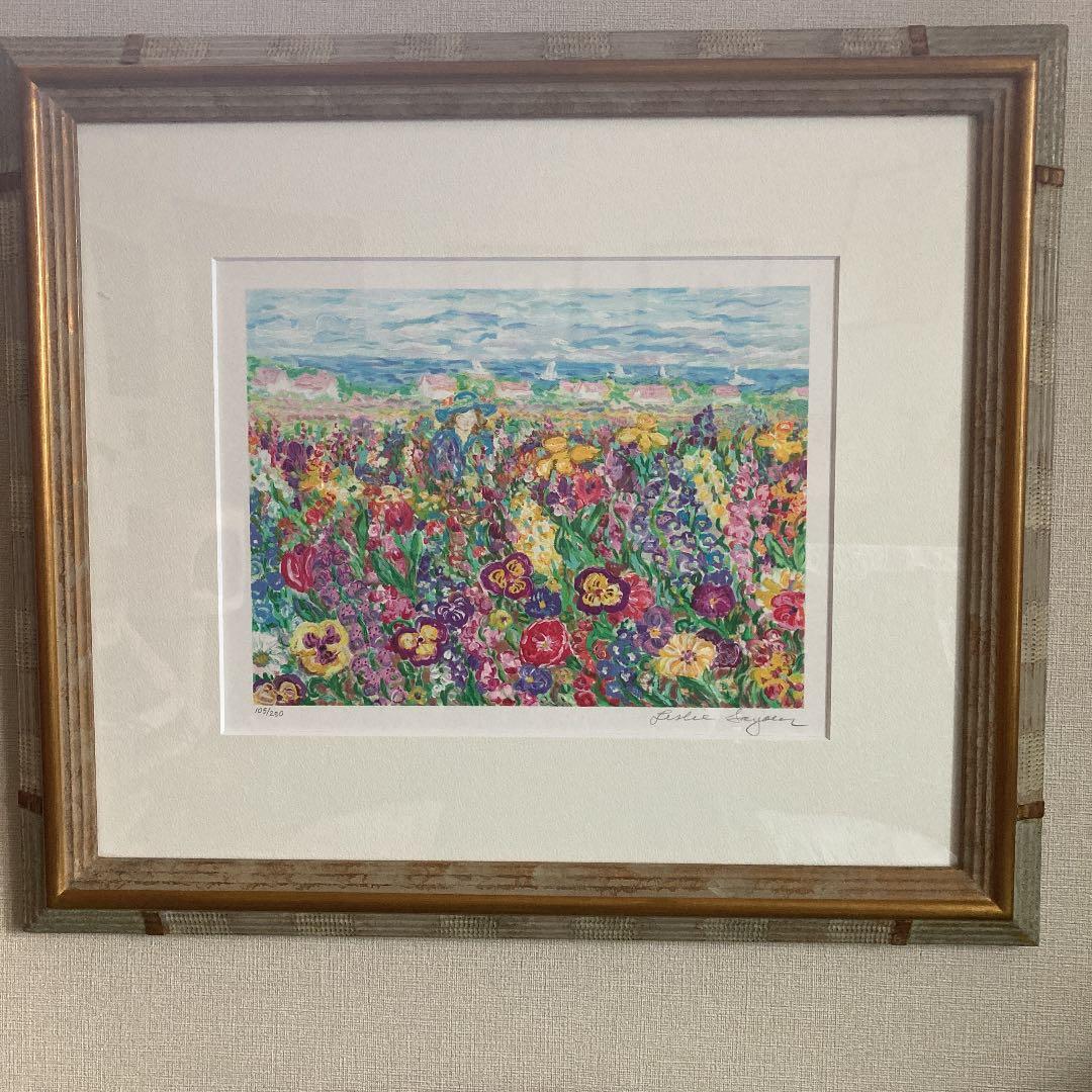 レスリー　セイヤ　花畑の中　本人を描いた　１０５／２５０　　シルク　スクリーン
