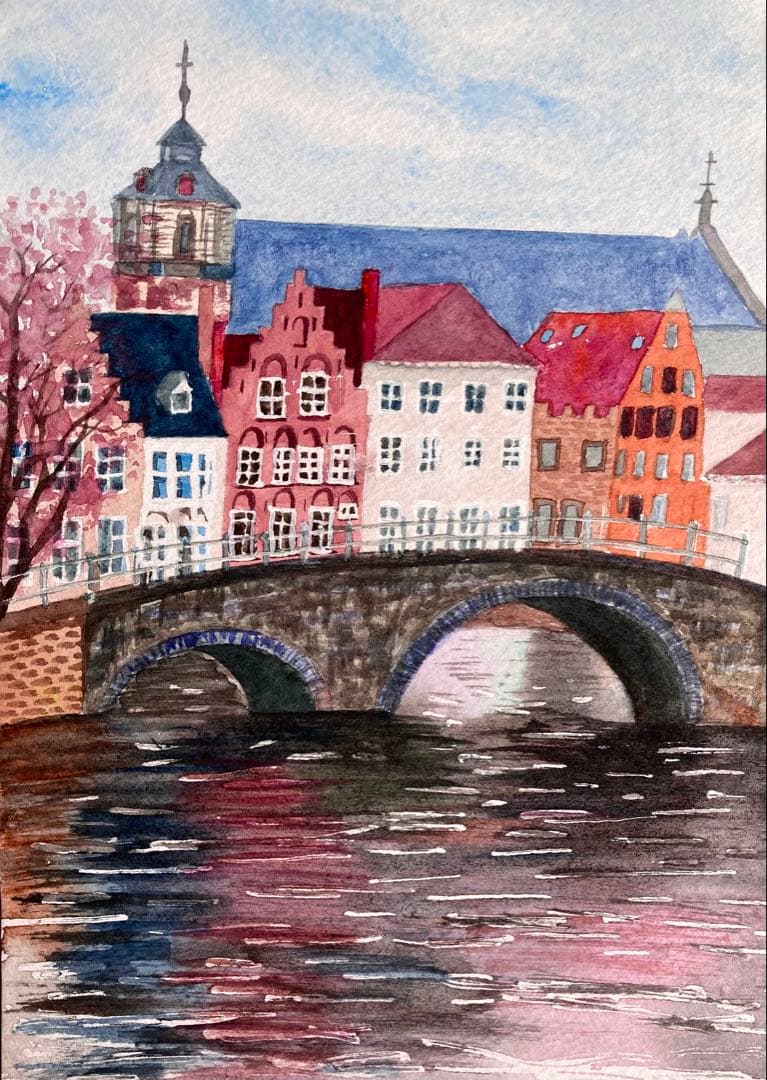 午後のティータイム　マーガレットとポット　水彩画　原画