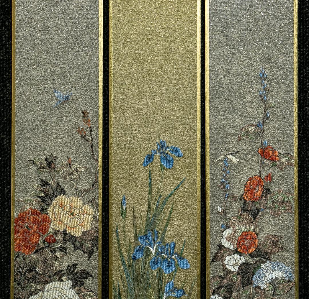 掛軸-1666　酒井抱一　花鳥十二ヶ月画帖　短冊　織物　西陣1800口織