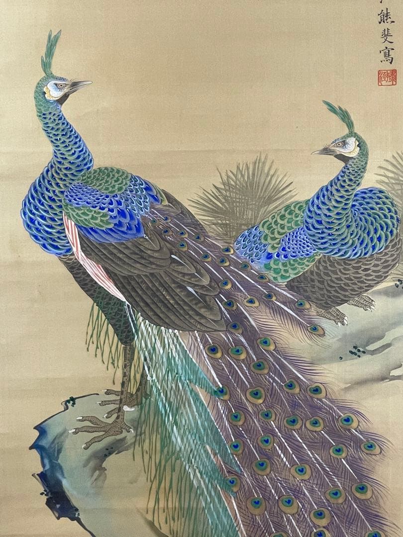 日本画 　熊斐銘　孔雀図 掛軸　肉筆　絹本　時代箱付　古美術 4C06-11