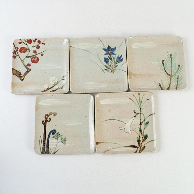 茶道具　幸兵衛窯　絵変四方皿　銘々皿　五客　共箱　N　9386