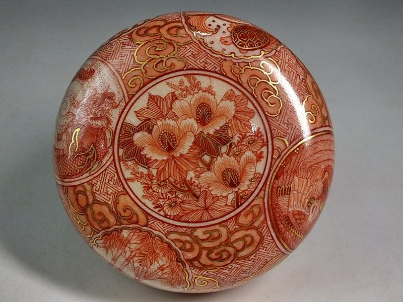 ☆ 福島武山 作 赤繪琴高仙人文 棗 九谷佐野窯盃 共箱 ☆A10