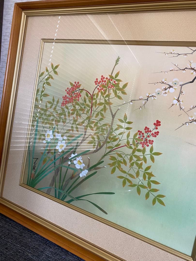 絹本　額縁　南天