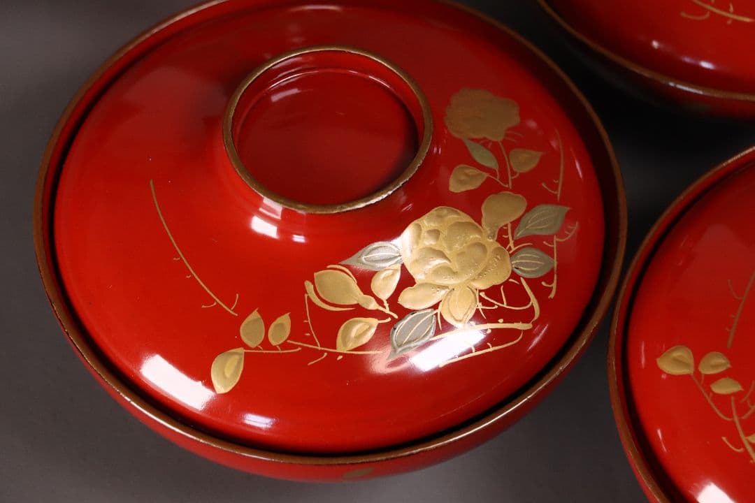 漆芸 明治大正 時代蒔絵椀 五客 天然木 草花 朱塗 金蒔絵【MA358】