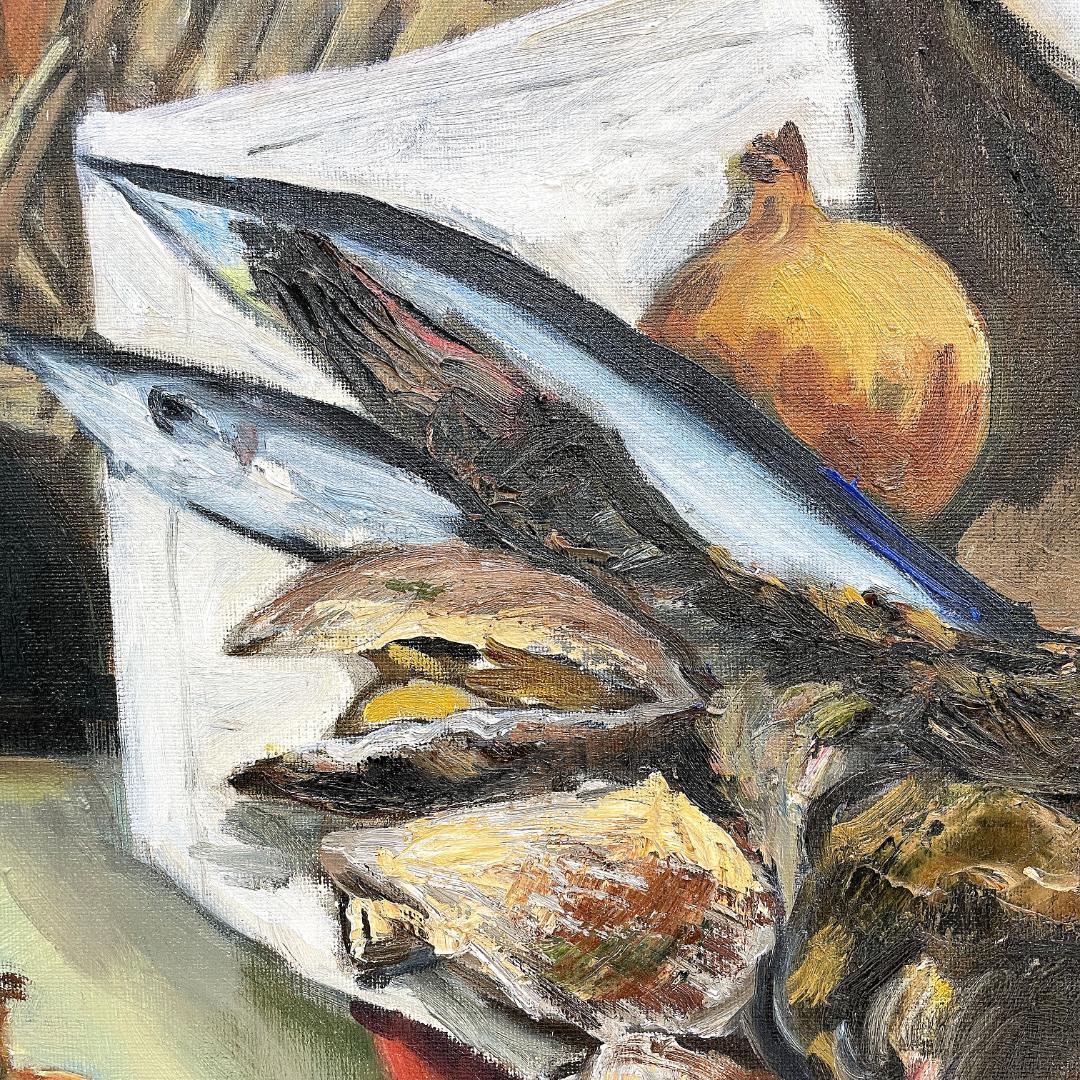 真作保証 河合キヨ子『アンコウのいる静物（不明）』直筆サイン入り 肉筆 油彩画