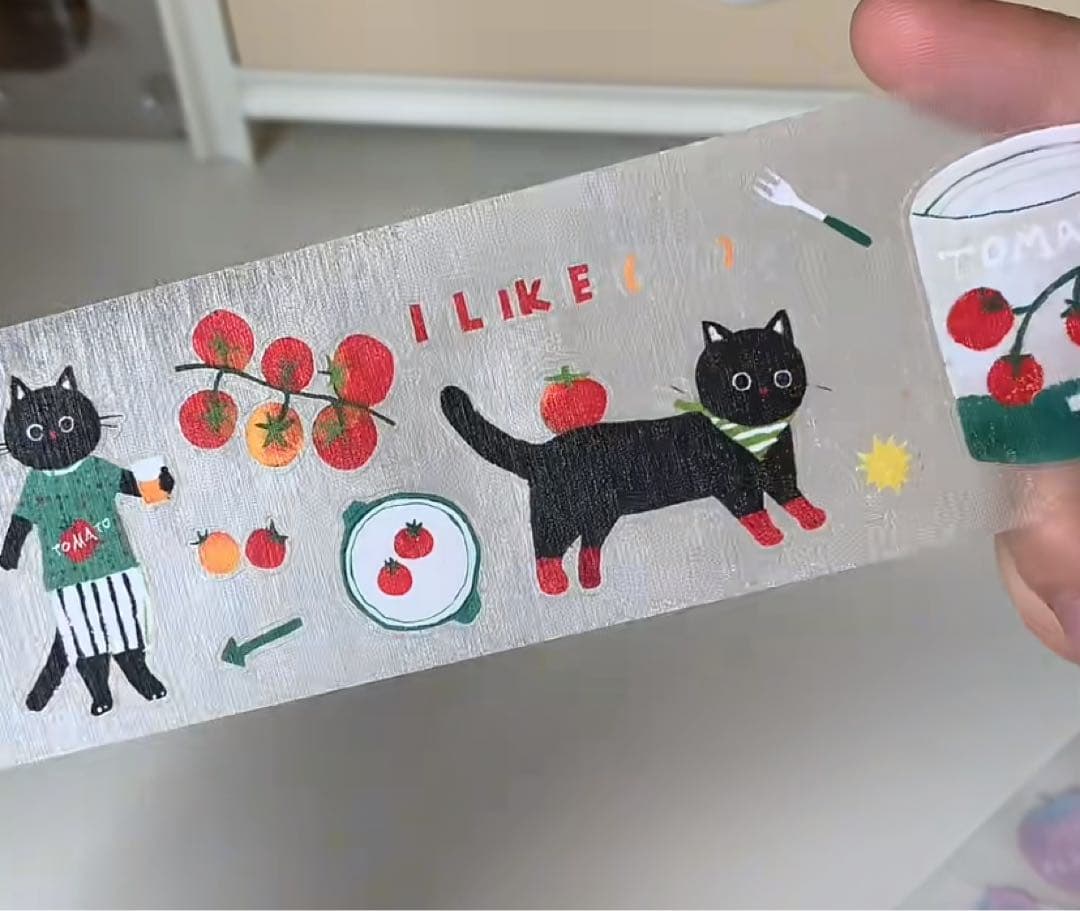 【8472】海外　マステ　5m巻売り　ラメ加工カッティング猫　トマト　野菜