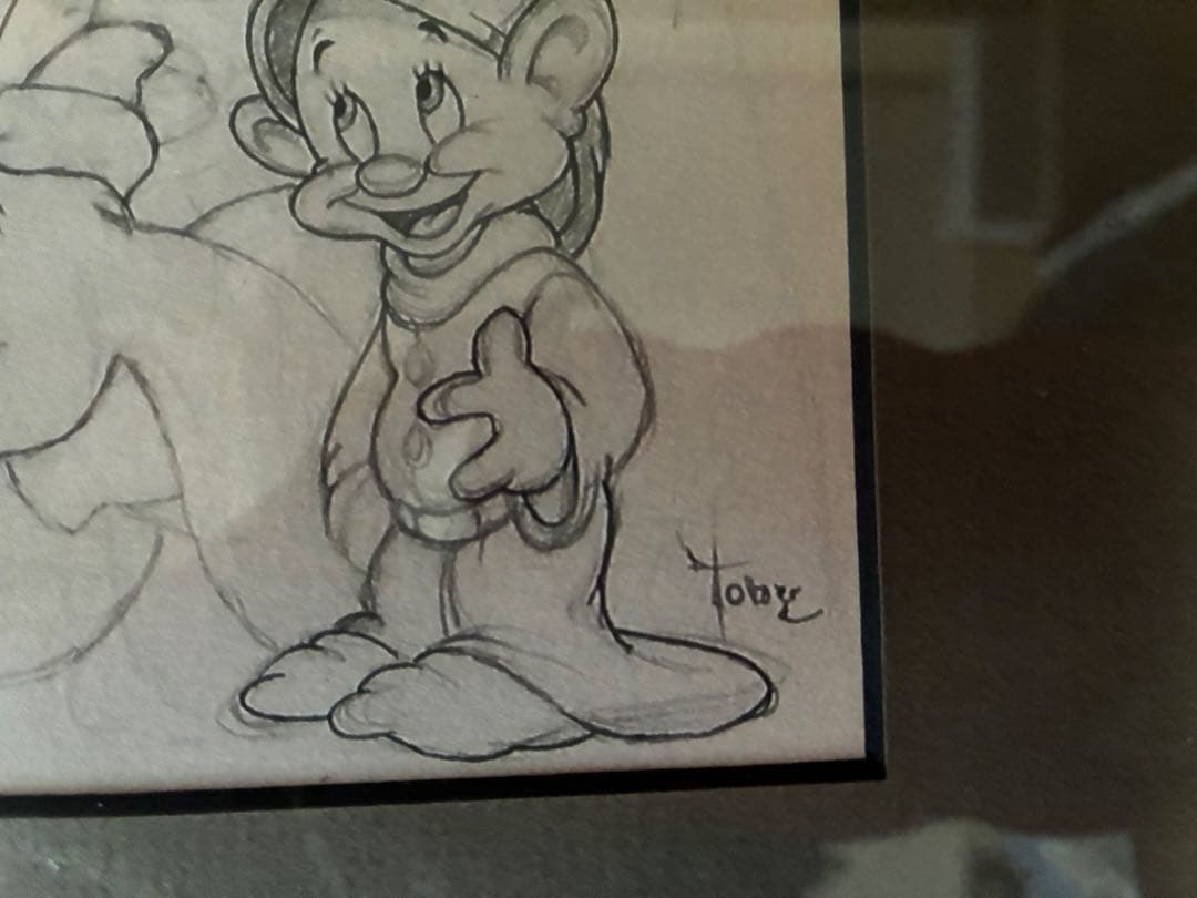 ディズニー　Toby作　　オールキャスト（白雪姫まで）下絵（えんぴつ書）額装