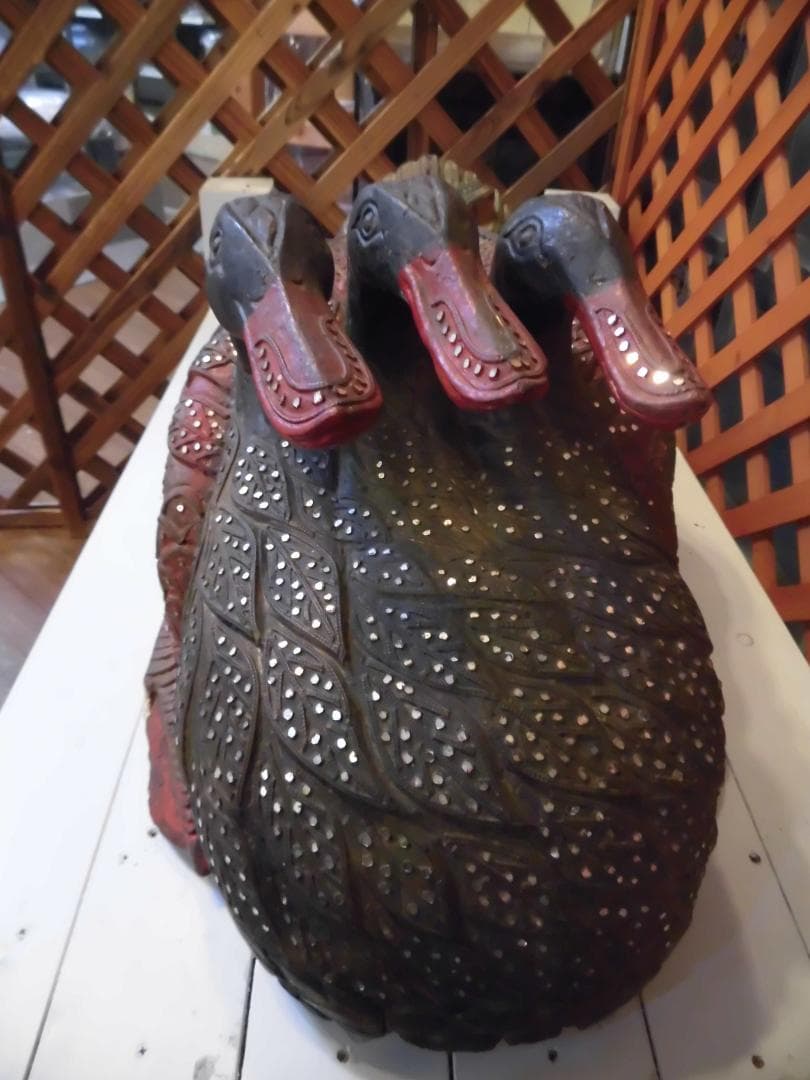 木彫りの三つ頭鴨　三ツ頭鳥　アジアンアート　民芸品　共命鳥　キメラ　14040
