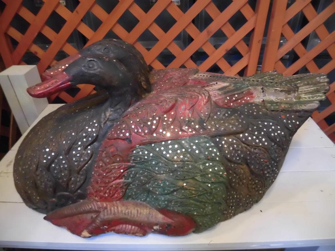 木彫りの三つ頭鴨　三ツ頭鳥　アジアンアート　民芸品　共命鳥　キメラ　14040