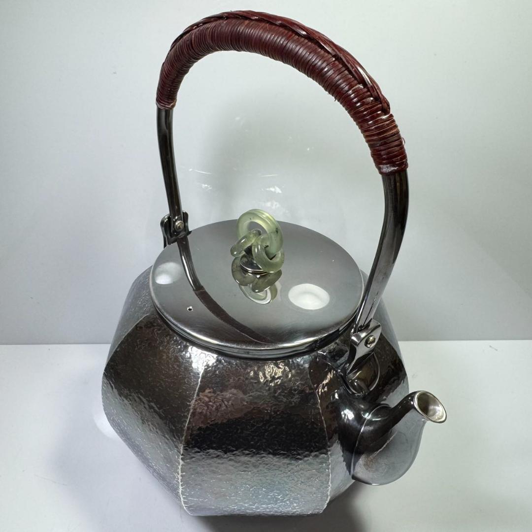 純銀製 槌目岩肌 八面取湯沸 三連環貴石摘 鳴付 煎茶 純銀保証 銀瓶 やかん