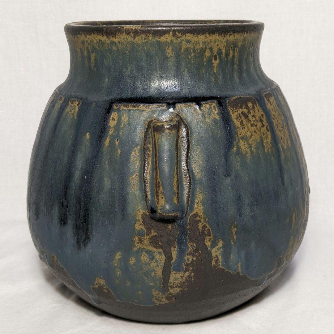 瀬戸市指定無形文化財 加藤釥 瀬戸焼 蒼釉耳付花入 共箱 花器 花瓶 壷 置物