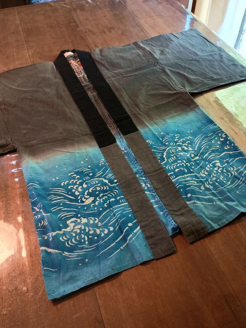 木綿の筒描 はんてん 波に ほら貝 古布