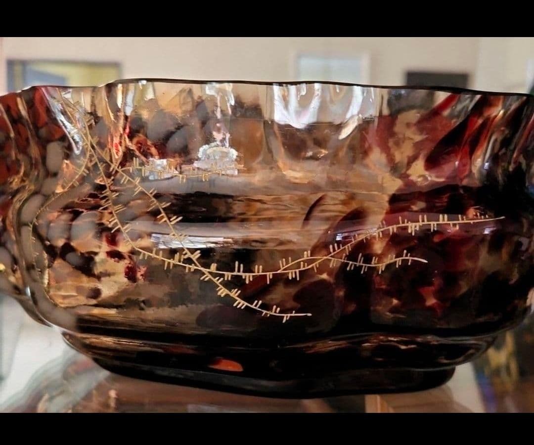 アールヌーボーガラス　吹雪紋金彩盛り薔薇エナメル画　最終値下げ