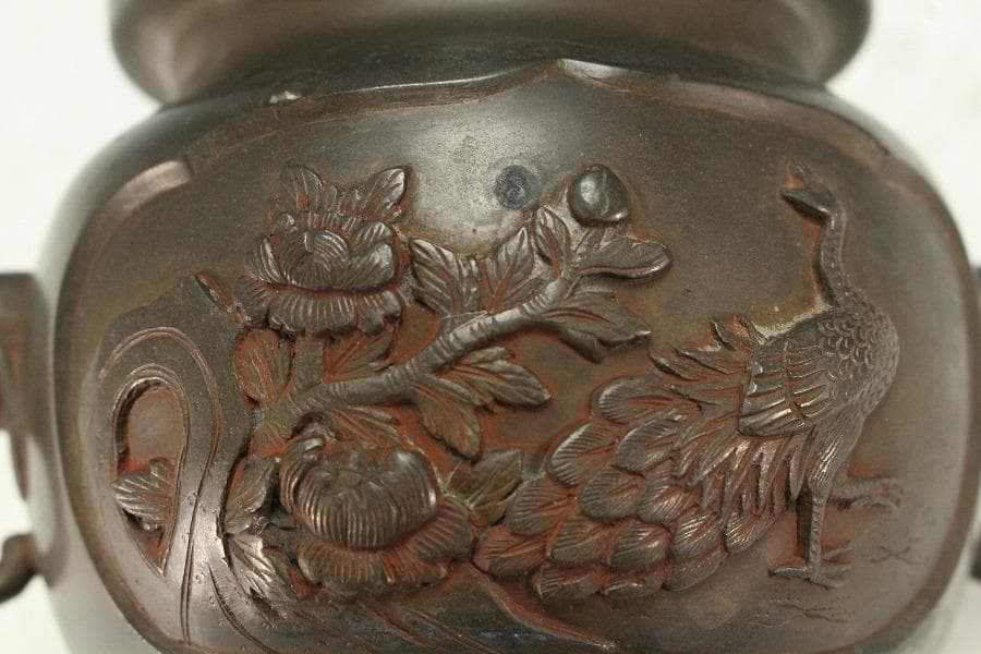 古銅 象耳 花鳥紋 香炉 古美術(K-LC955)