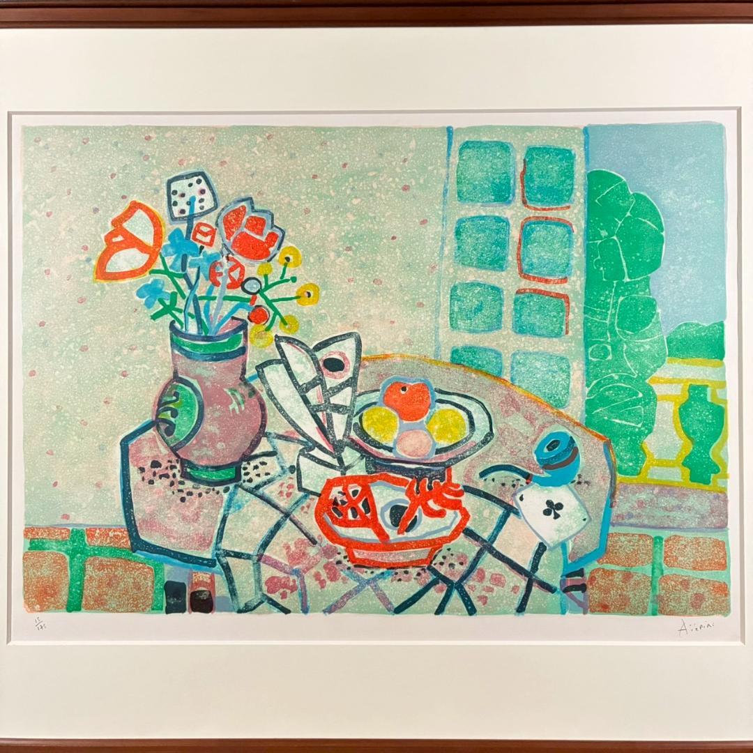 美品 ポール・アイズピリ「テーブルの花と果物」リトグラフ 直筆サイン入 パリ画壇