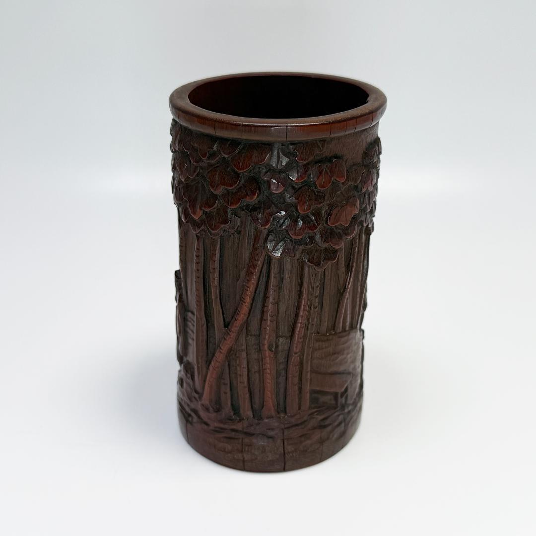 中国美術 竹製 彫刻 筆筒 筆立 書道品 在銘